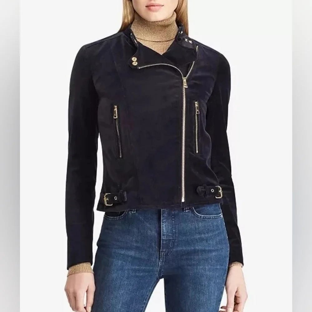 Lauren Ralph Lauren Black Velvet & Gold Sl8m Fit  Moto Jacket 16W NWOT 295$